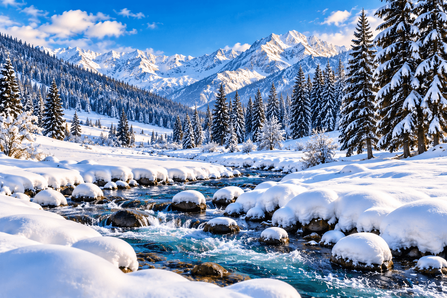 Snowy Himalayan river valley on the Kashmir and Leh Ladakh road trip