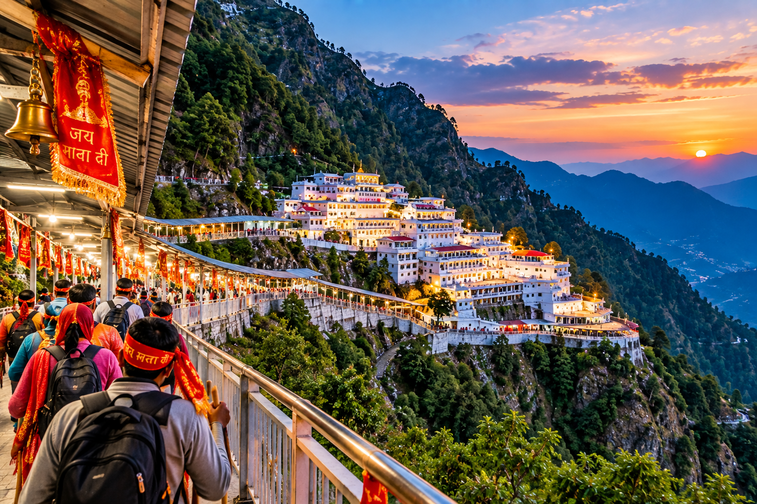 Mata Vaishno Devi Bhawan lit up at dusk on the Trikuta hills