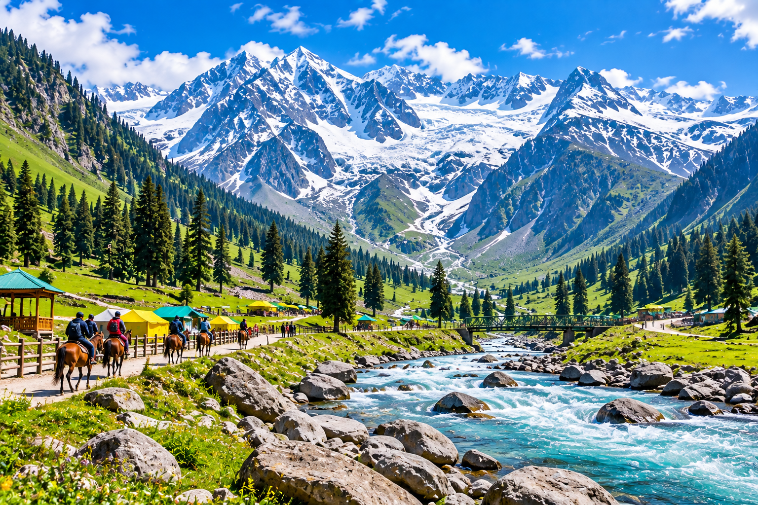 Pony ride along the river in the Sonamarg valley, Kashmir sightseeing