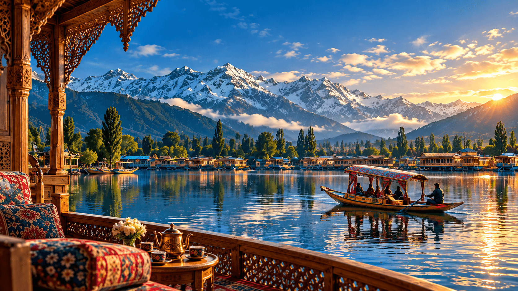 Kashmir tour package – houseboat view over Dal Lake, Srinagar