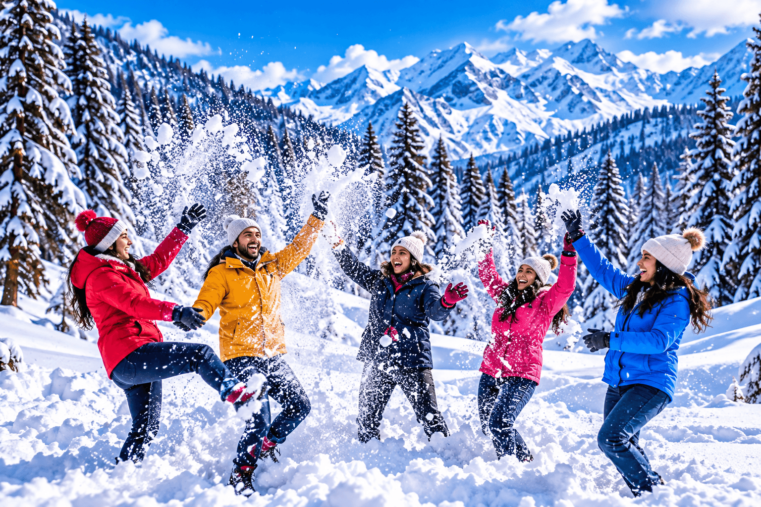 Group of friends playing in the snow on a Kashmir group tour package