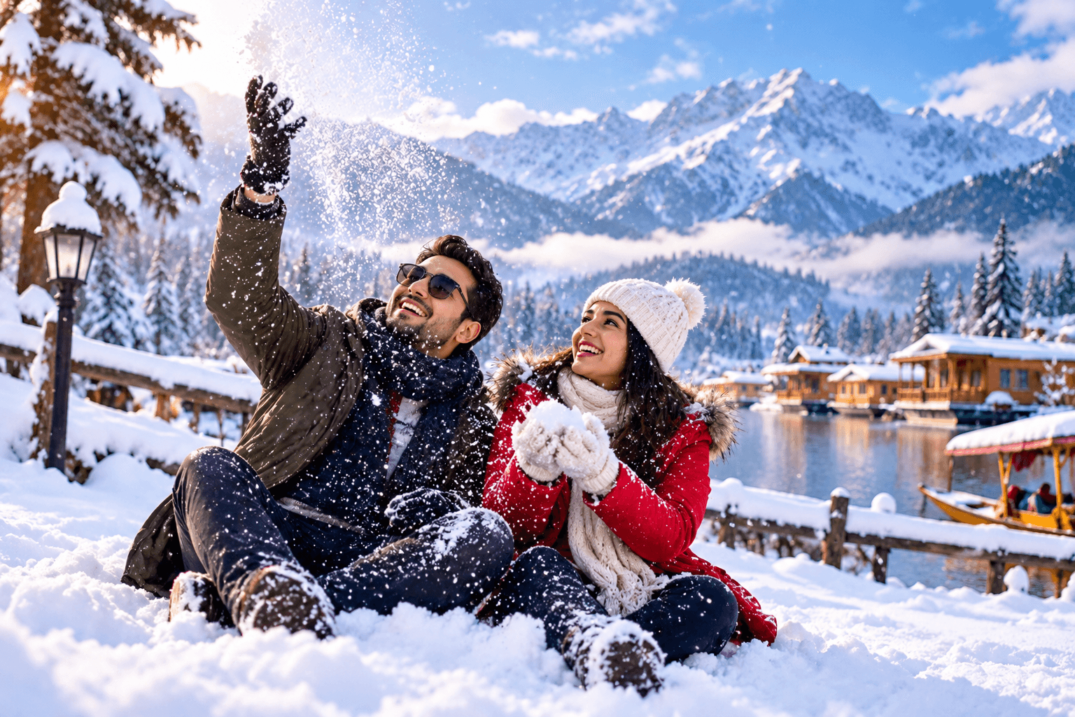 Couple enjoying the snow by Dal Lake on a Kashmir honeymoon package